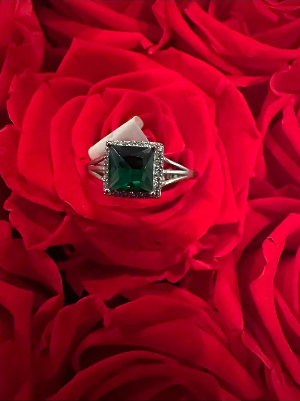 Emerald Square-Cut Halo Ring - Green
